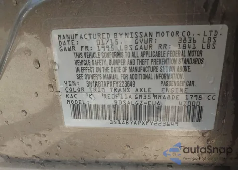 2015 Nissan Sentra Sl из США, поврежденный, VIN 3N1AB7APXFY223649